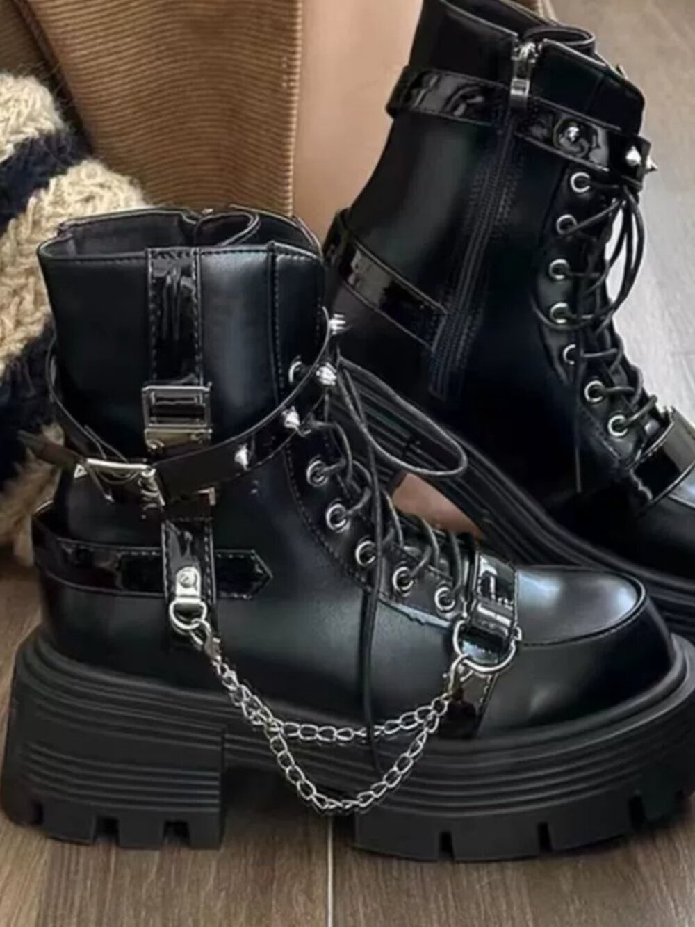 Gothic Punk Chunky Platform Chain Ankle Boots Black (US-9)